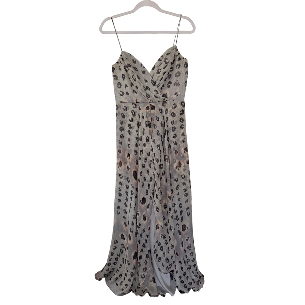 Nicole Miller Women's Silk Maxi Dress Gray Metallic Cheetah Print Size 4